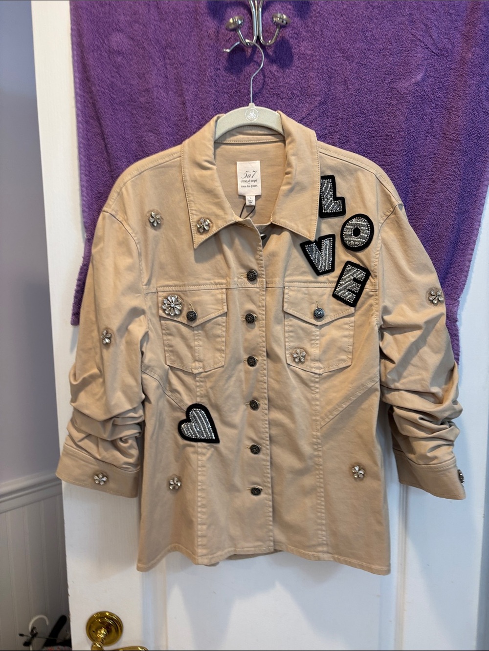 NWT cinq a sept Beige Embellished Utility Jacket with 'LOVE' Patch